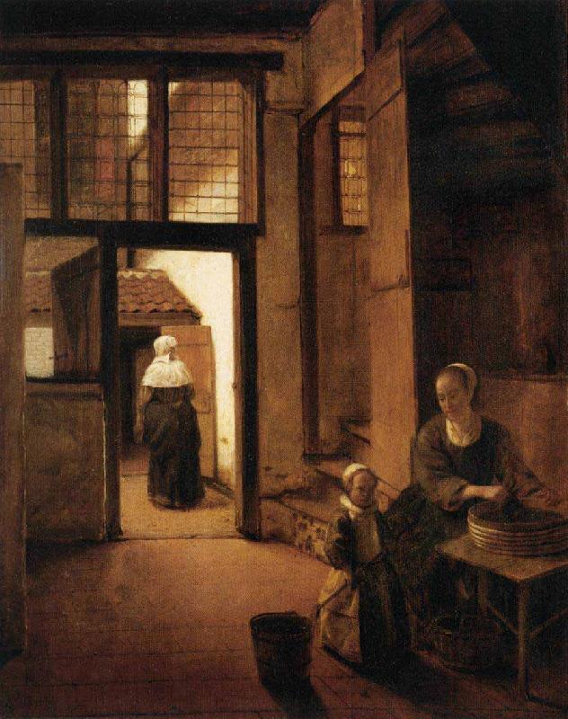 Pieter de Hooch Woman Peeling Vegetables in the Back Room of a Dutch House